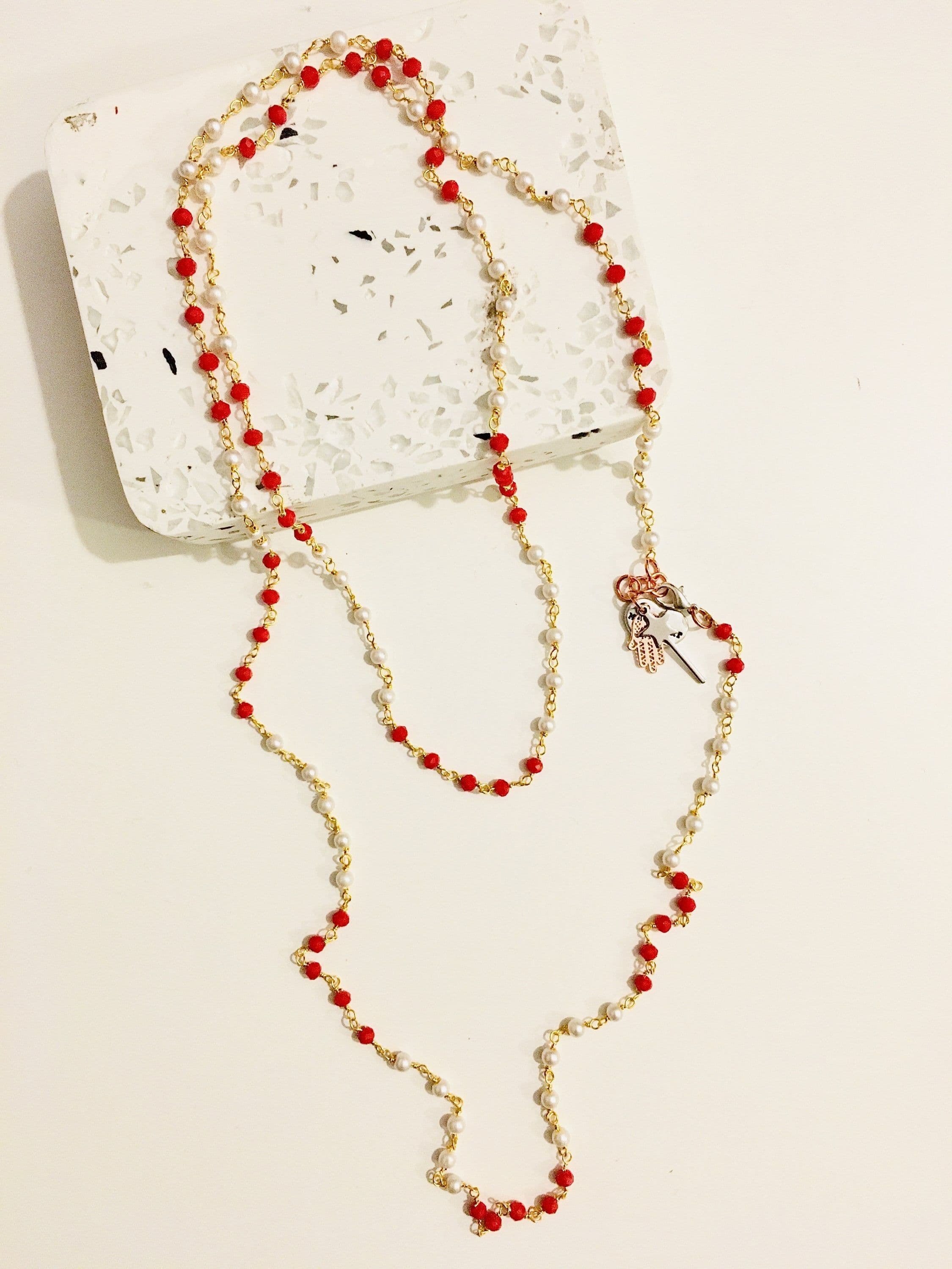 image-Rosary pearls and red crystals long necklace with magic wand and hamsa