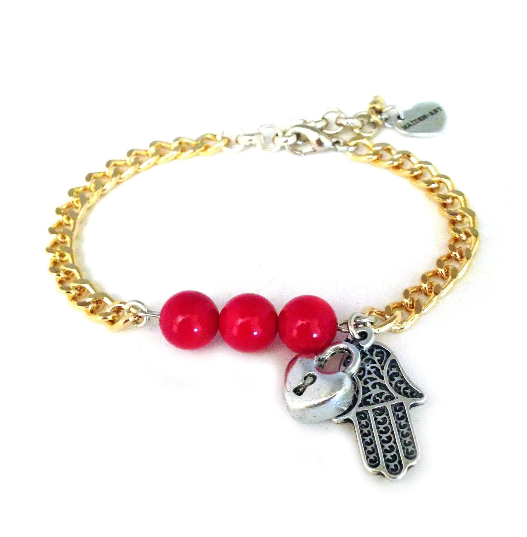 image-Valentine's Day bracelet in gold, coral and hamsa.