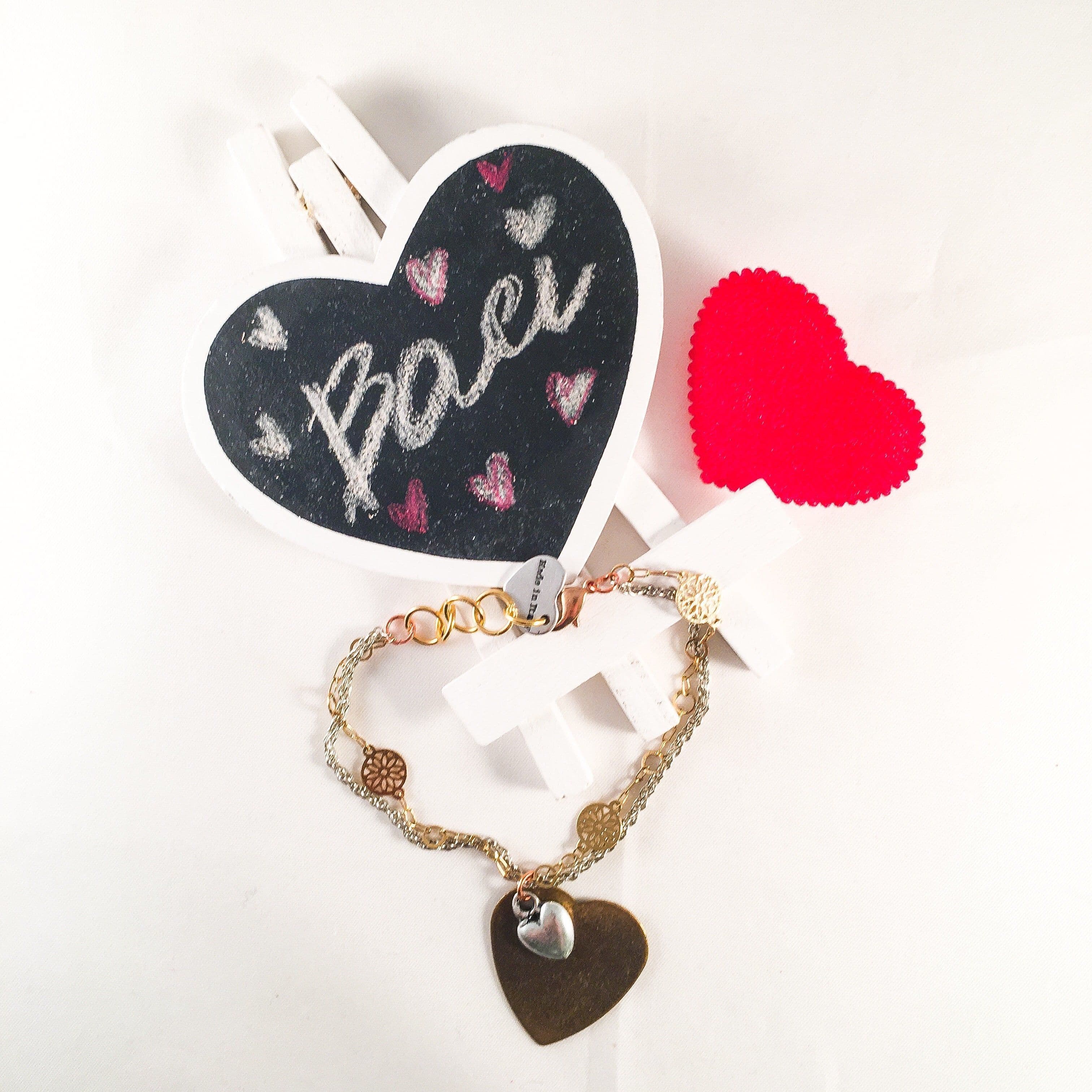 image-Big Bronze Heart and Small Silver Heart Charms Bracelet
