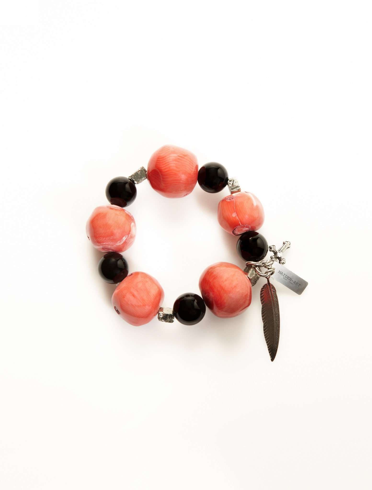 image-Coral and black onyx stones beaded bracelet