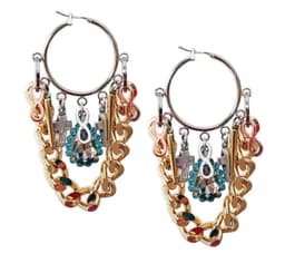 image-Light blue crystal hoop earrings with gold chain. Golden chain