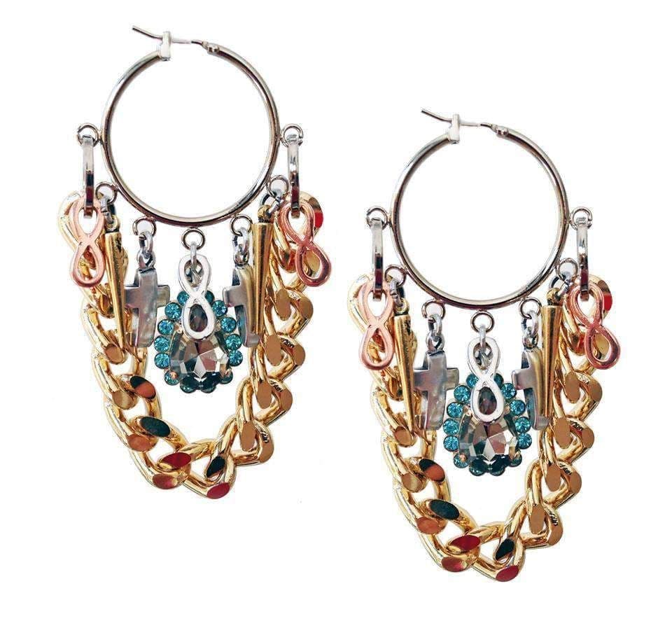 image-Light blue crystal hoop earrings with gold chain. Golden chain