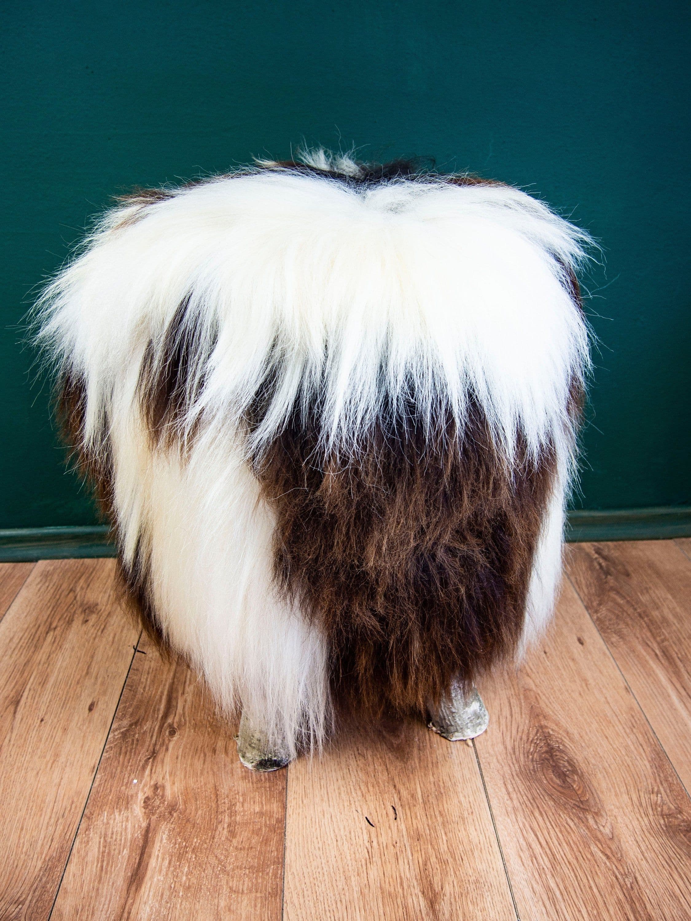 image-Birch Wood and real Jacob sheepskin Ottoman