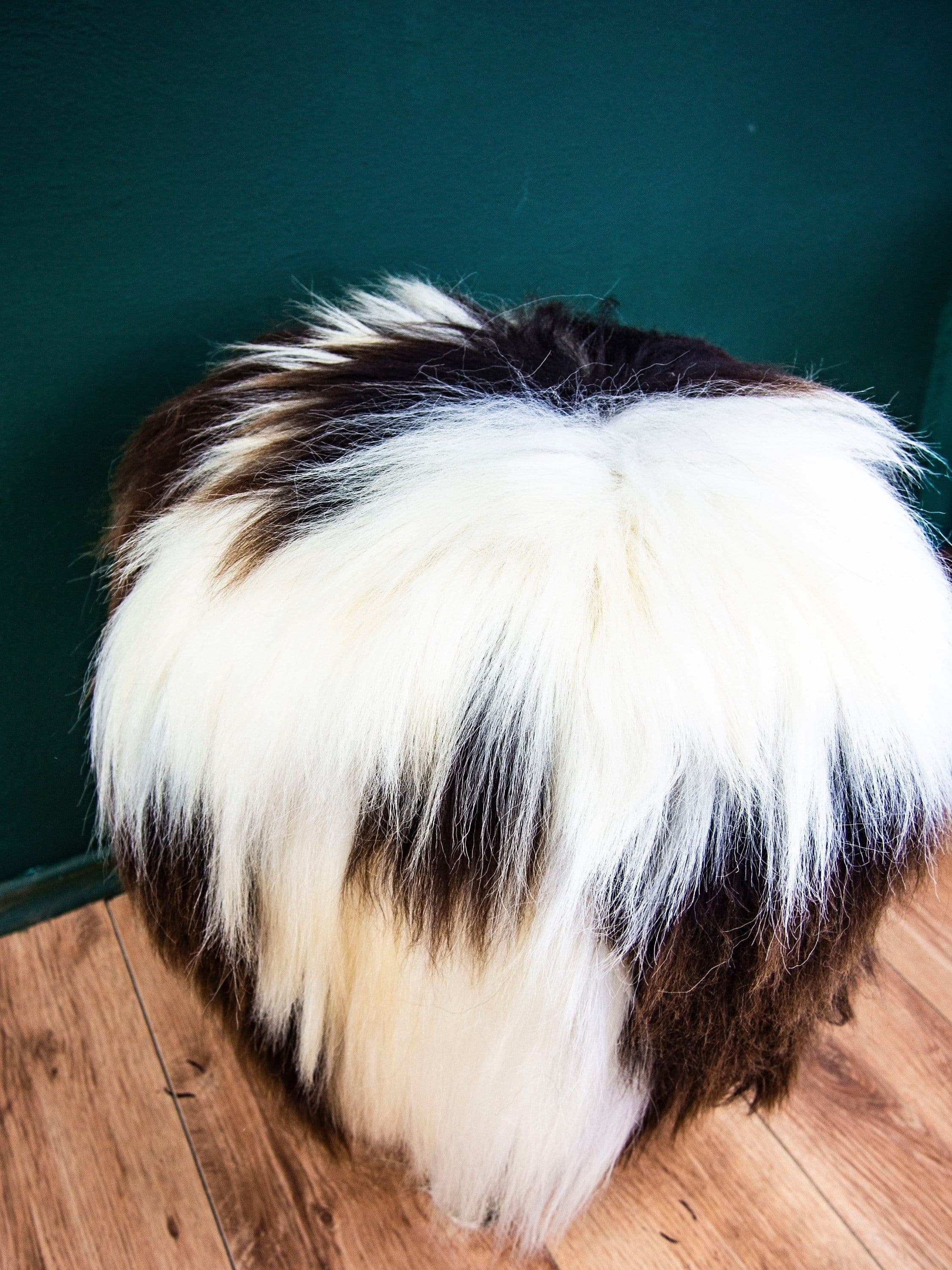 image-Birch Wood and real Jacob sheepskin Ottoman