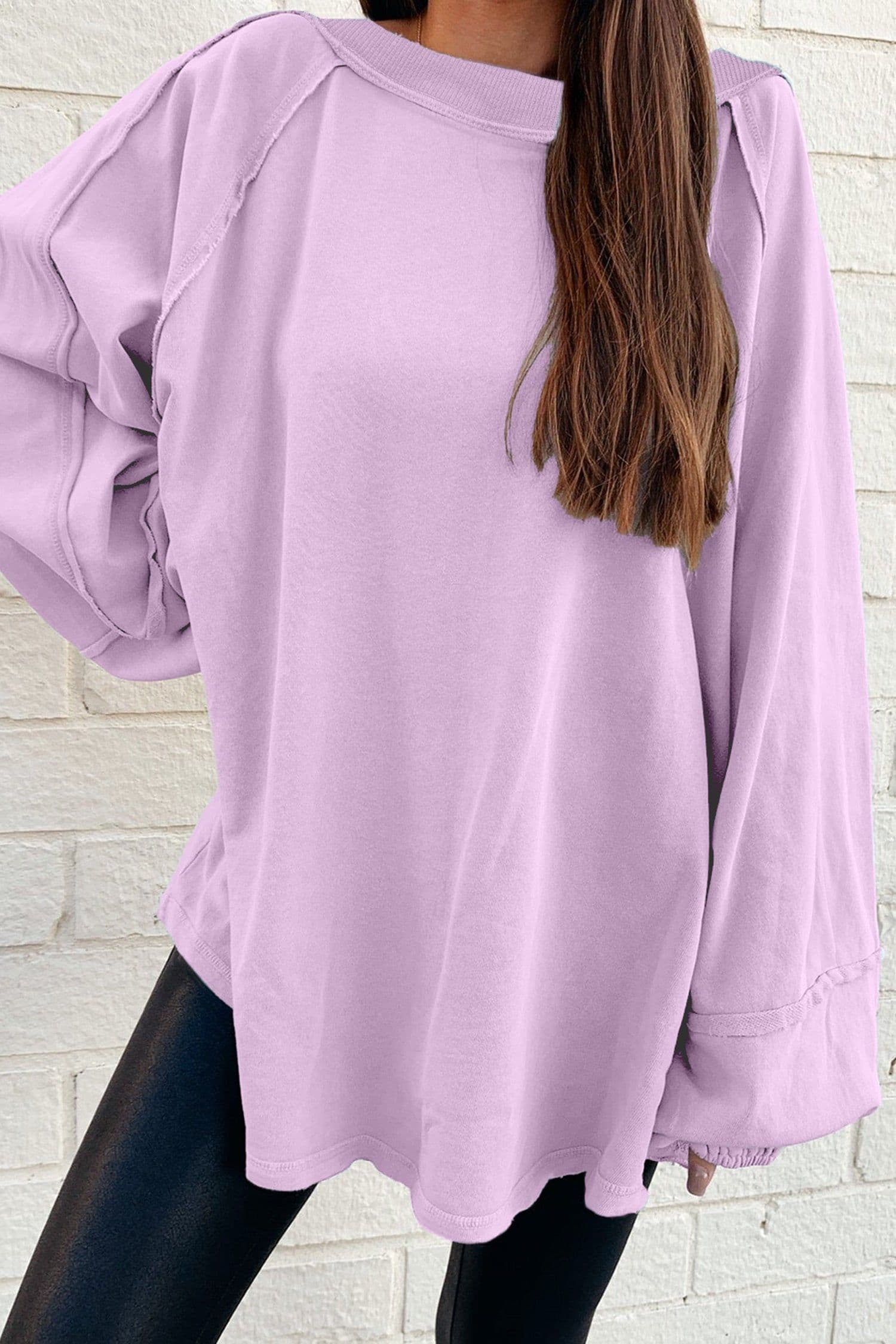 image-Beige Baggy Sweatshirt Raw Seam Patchwork