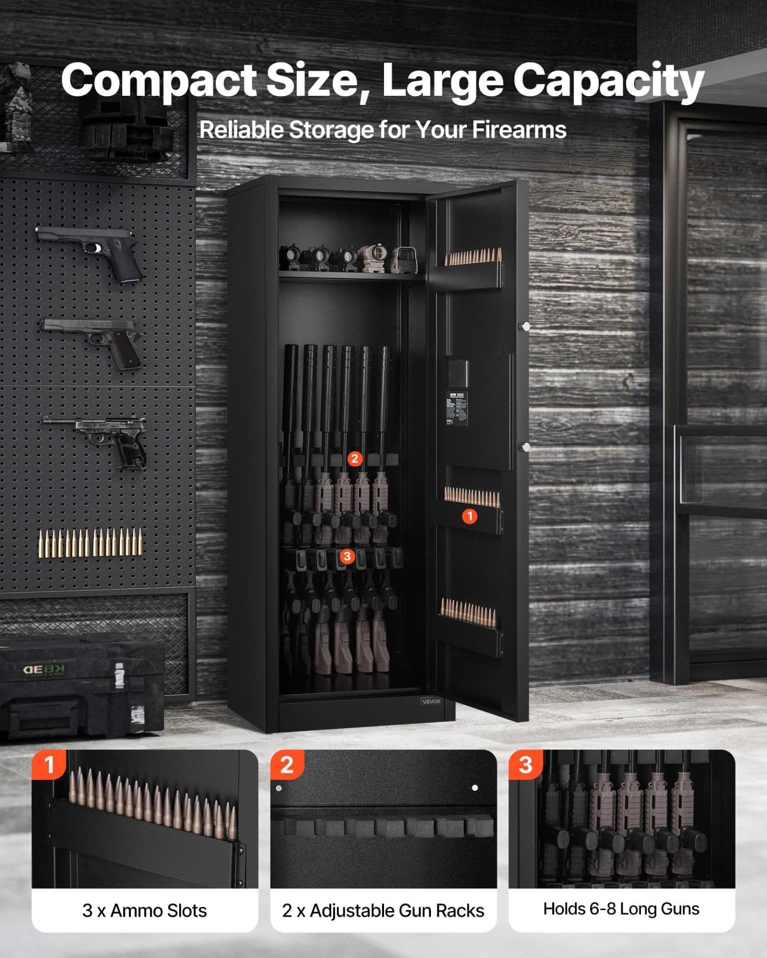 image-VEVOR 6-8 Gun Safe, Long Gun Cabinet for Rifles and Pistols, Quick Access Rifle Safe with 3 Ammo Slots and 2 Adjustable Racks, Large Digital Cabinet with Key and Password Lock