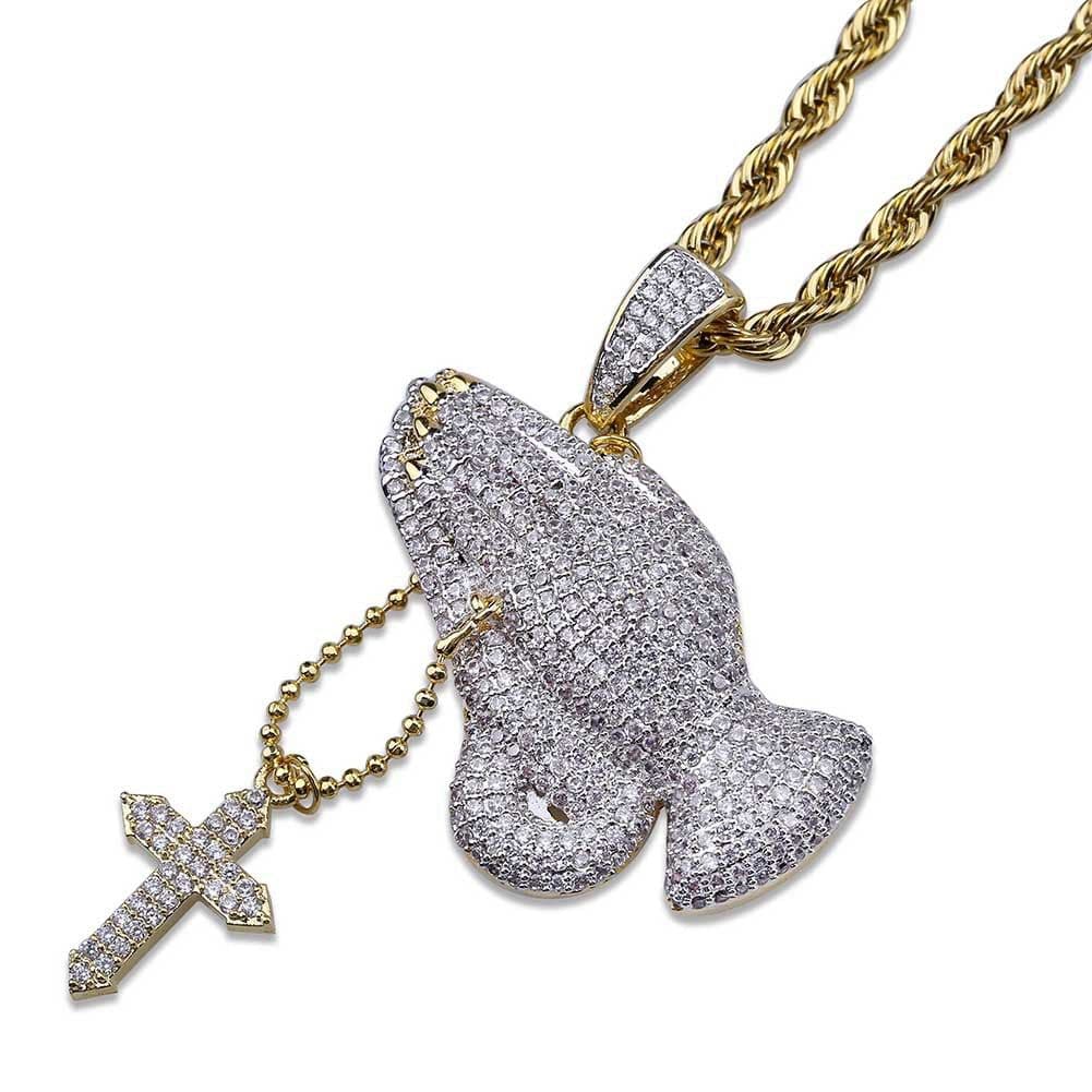 image-European and American Christian Cross Prayer Gesture Retro Necklace Inlaid Zircon Hip Hop Trendy Men and Women Pendant Jewelry