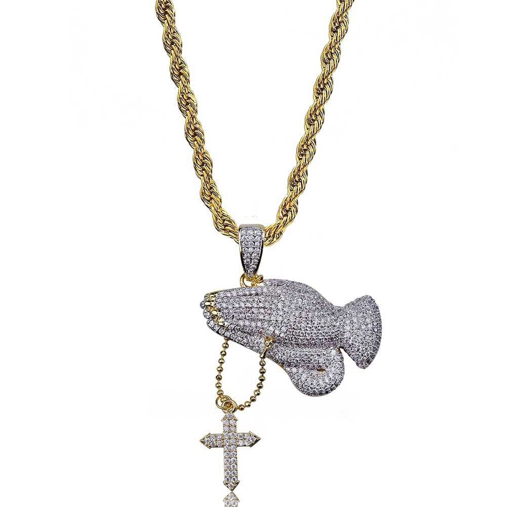 image-European and American Christian Cross Prayer Gesture Retro Necklace Inlaid Zircon Hip Hop Trendy Men and Women Pendant Jewelry
