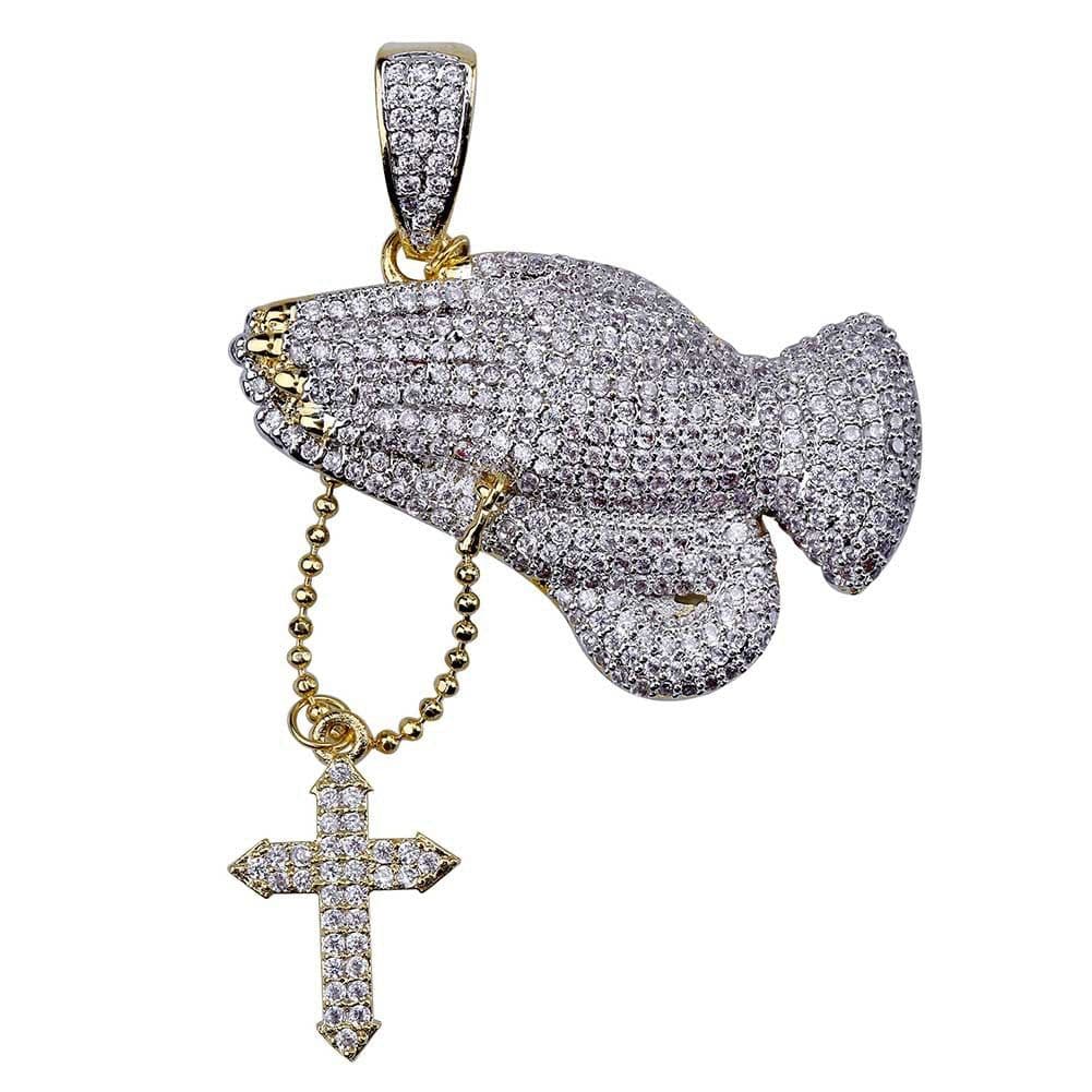 image-European and American Christian Cross Prayer Gesture Retro Necklace Inlaid Zircon Hip Hop Trendy Men and Women Pendant Jewelry