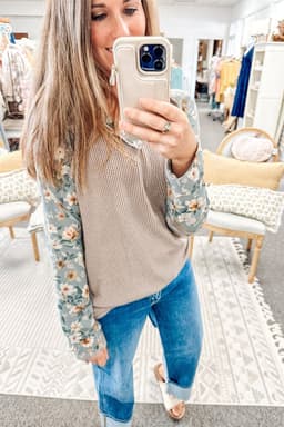 image-Parchment Twist Ribbed Floral Patchwork Top