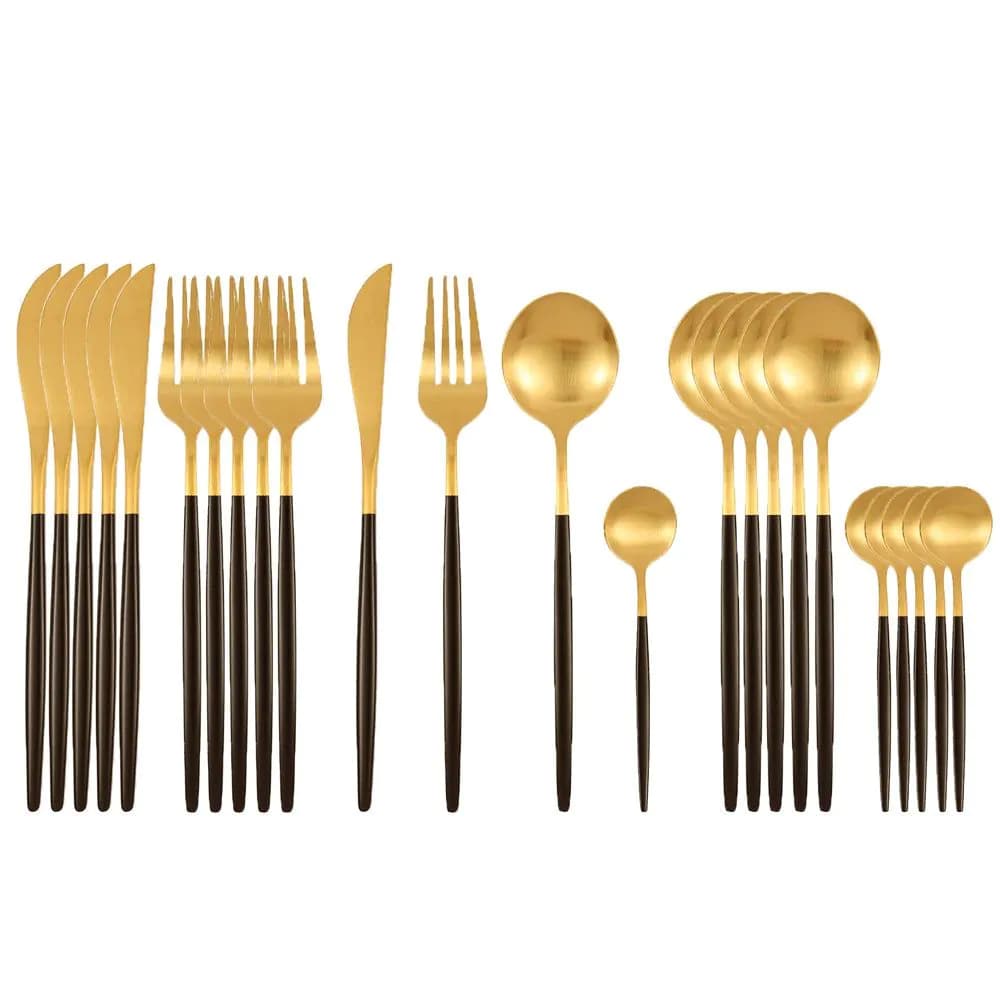 image-24Pcs 18/10 Stainless Steel Dinnerware Set Black Gold Cutlery Spoon Fork Knife Western Cutleri Silverware tableware Set Supplies