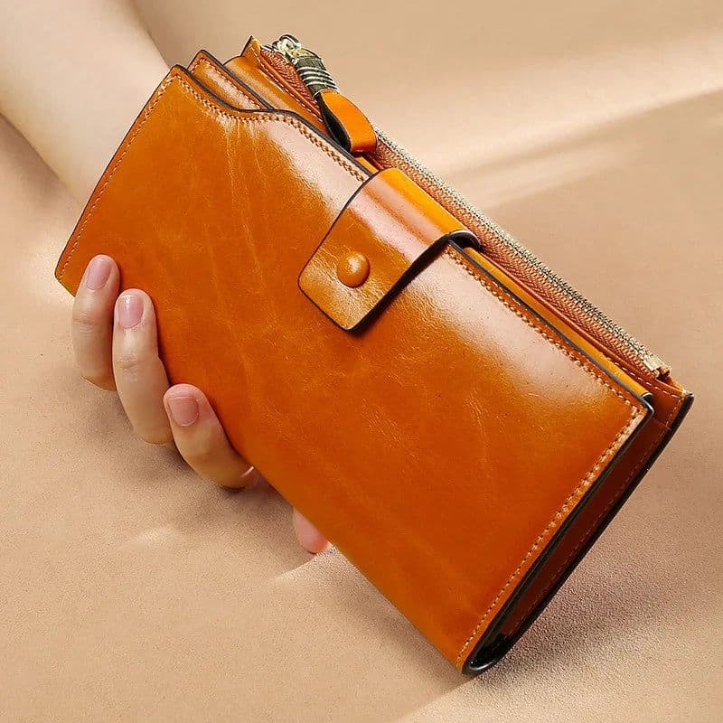 image-RFID Blocking Genuine Leather Women Wallet Long Lady Leather Purse Brand Design Luxury Oil Wax Leather Female Wallet Coin Purse