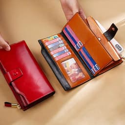 image-RFID Blocking Genuine Leather Women Wallet Long Lady Leather Purse Brand Design Luxury Oil Wax Leather Female Wallet Coin Purse