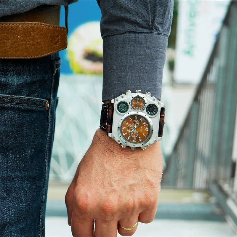image-Oulm 1349 New Sport Watches Men Super Big Large Dial Male Quartz Clock Decorative Compass Luxury Men's Wrist Watch