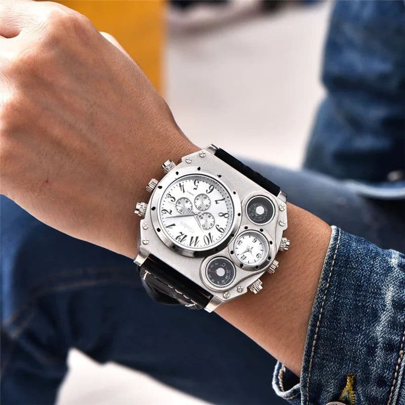image-Oulm 1349 New Sport Watches Men Super Big Large Dial Male Quartz Clock Decorative Compass Luxury Men's Wrist Watch