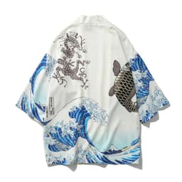 image-A generation of Japanese ukiyo-e Taoist robe sea wave carp kimono male and female couple three-quarter sleeve shirt wholesale