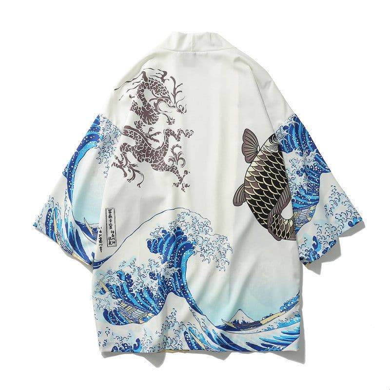image-A generation of Japanese ukiyo-e Taoist robe sea wave carp kimono male and female couple three-quarter sleeve shirt wholesale