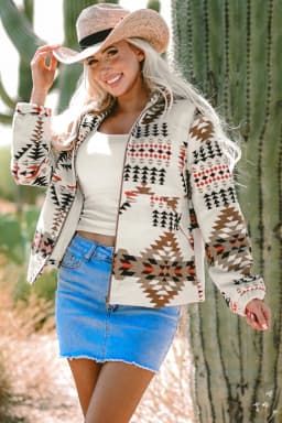 image-Beige Aztec Print Stand Neck Zip Jacket