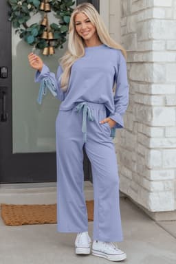 image-Beau Blue Flounce Long Sleeve Top Drawstring Pants Contrast Velvet Bow Knot 2pcs Lounge Set