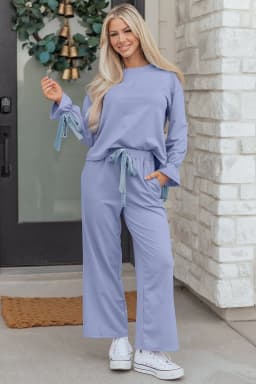image-Beau Blue Flounce Long Sleeve Top Drawstring Pants Contrast Velvet Bow Knot 2pcs Lounge Set