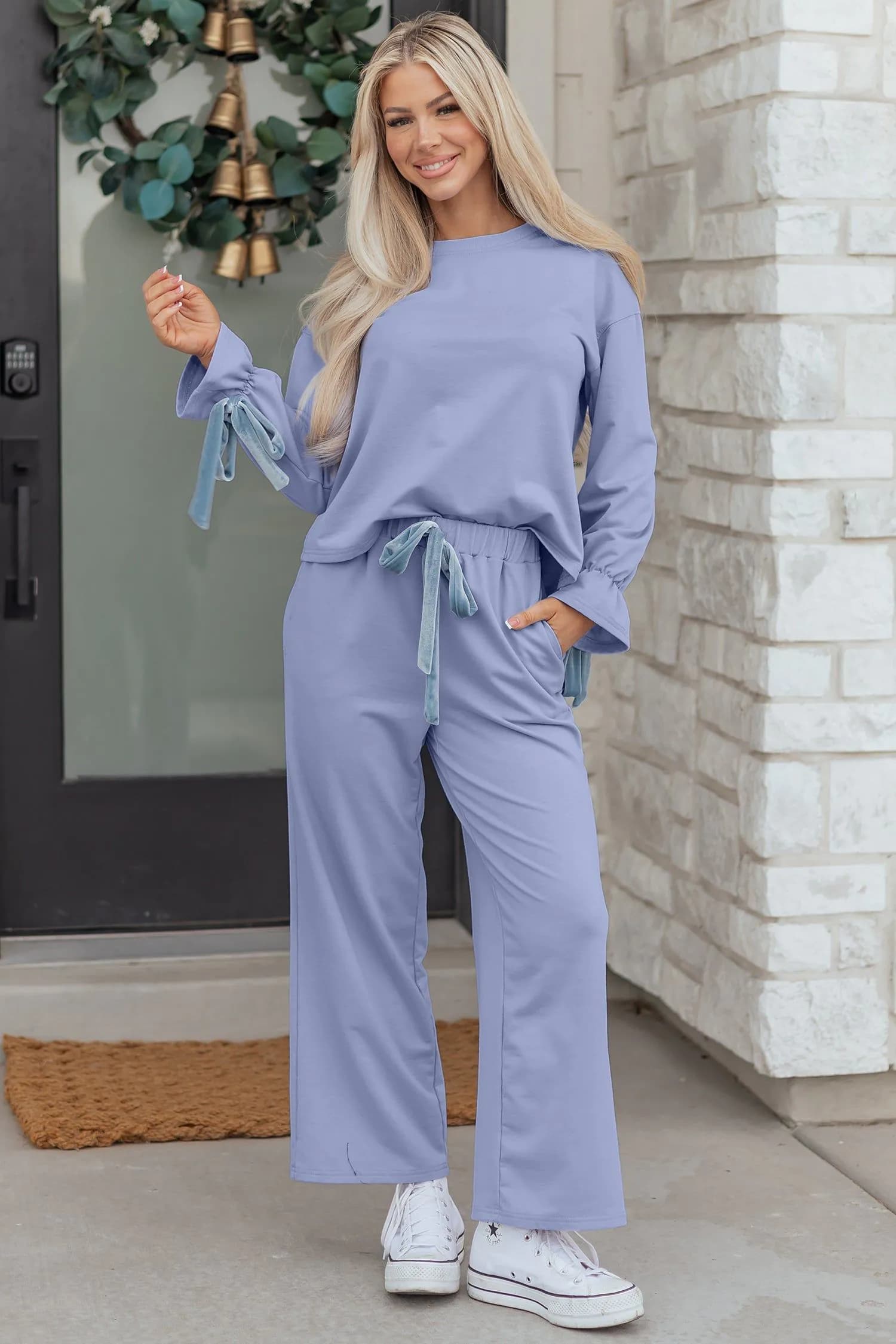 image-Beau Blue Flounce Long Sleeve Top Drawstring Pants Contrast Velvet Bow Knot 2pcs Lounge Set