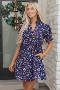 image-Blue Wild Daisy Floral Split Neck Short Puff Sleeve Mini Dress