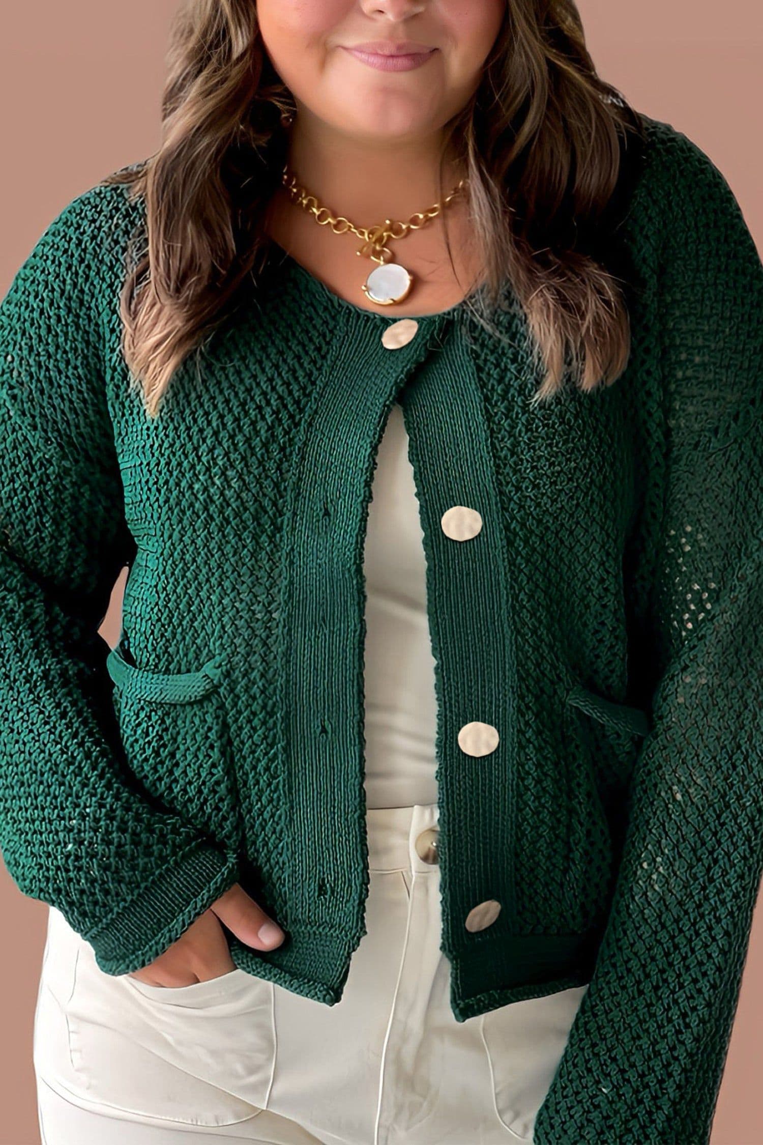 image-Blackish Green Plus Size Cardigan Golden Buttons