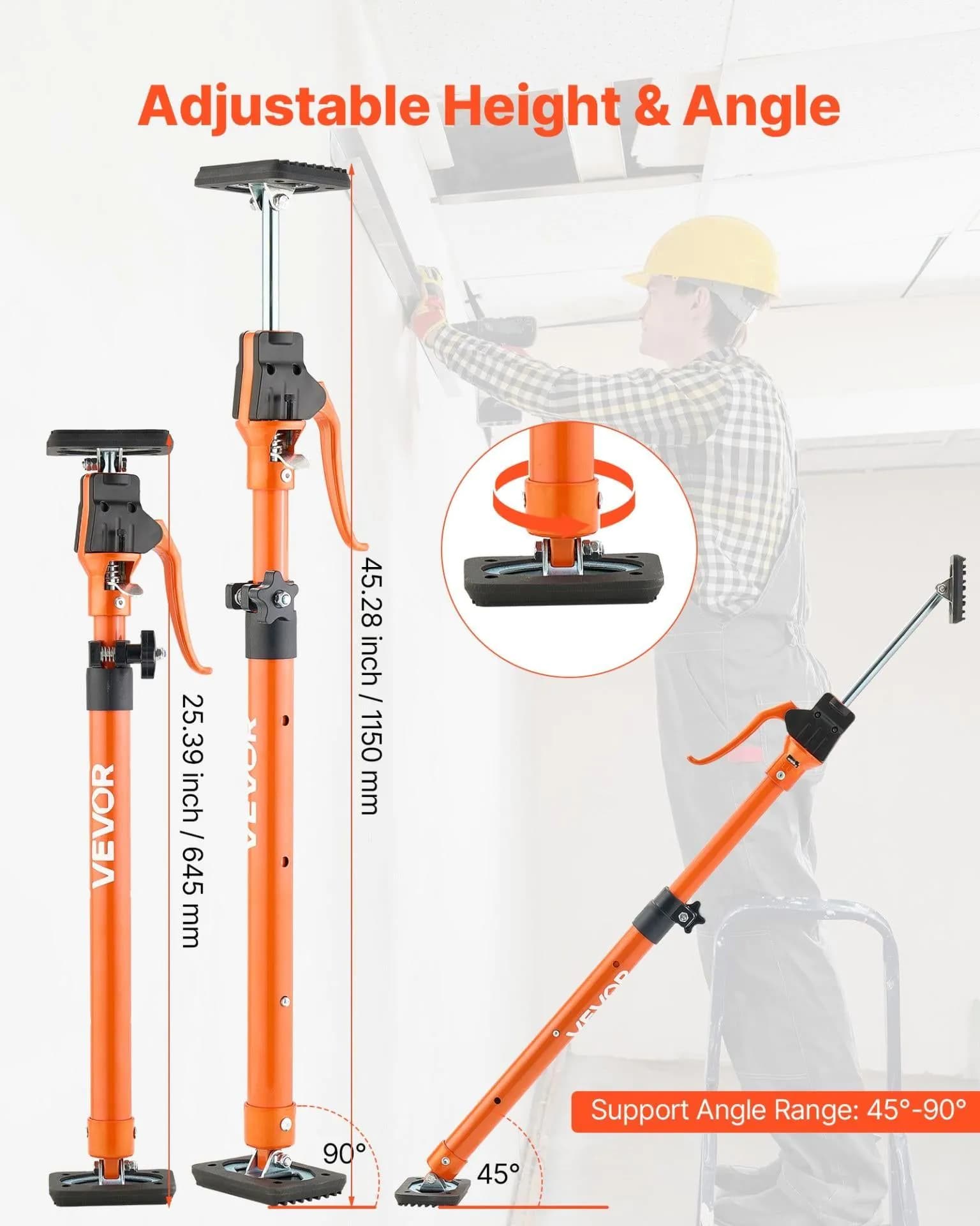 image-VEVOR Cabinet Jack Support Pole, 2-Pack, 25.4-45.3 Inch Steel Telescopic Quick Support Rod, Adjustable 3rd Hand System up to 220 lbs Capacity for Installing Cabinets, Lifting Drywall, Cargo Bars