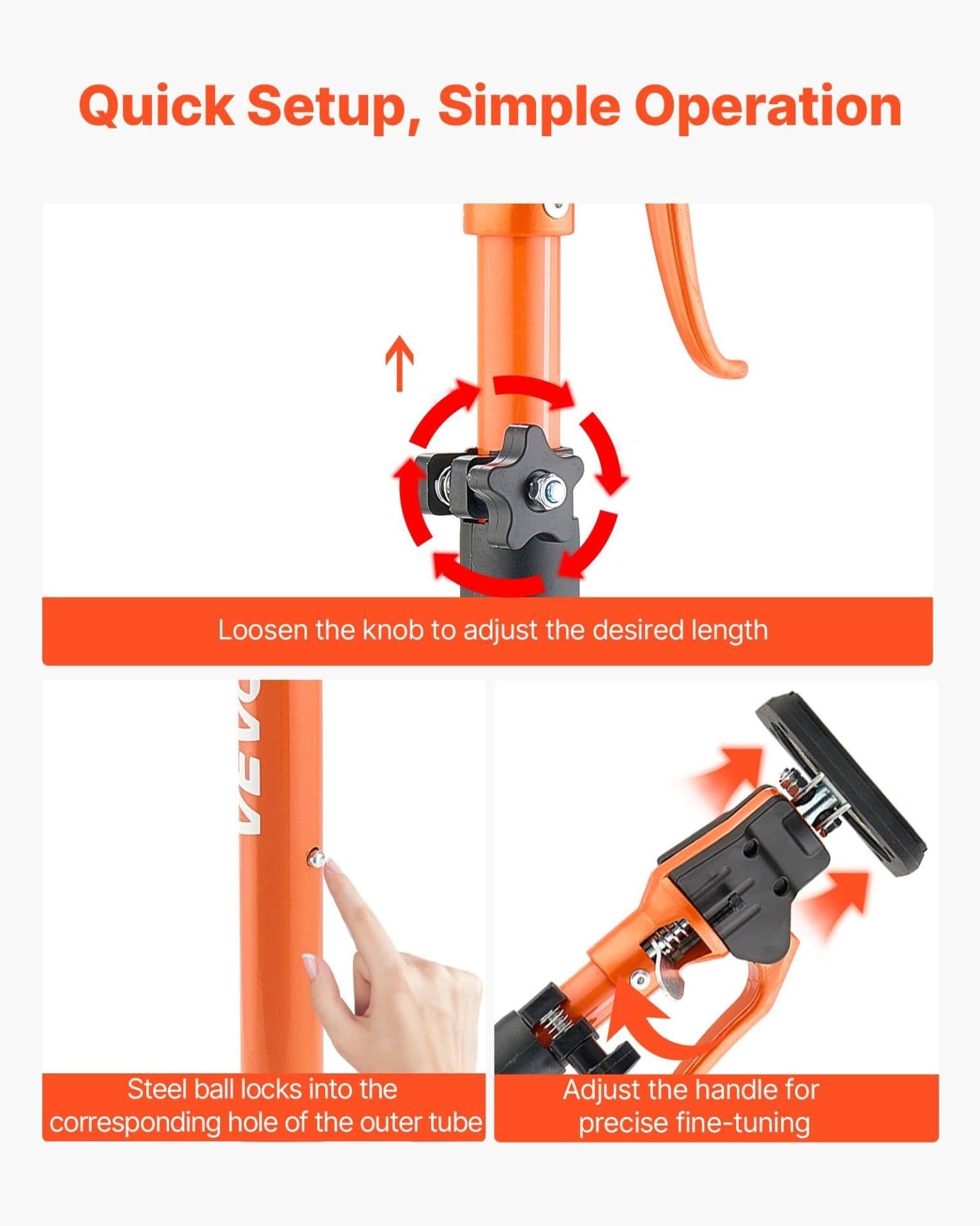image-VEVOR Cabinet Jack Support Pole, 2-Pack, 25.4-45.3 Inch Steel Telescopic Quick Support Rod, Adjustable 3rd Hand System up to 220 lbs Capacity for Installing Cabinets, Lifting Drywall, Cargo Bars