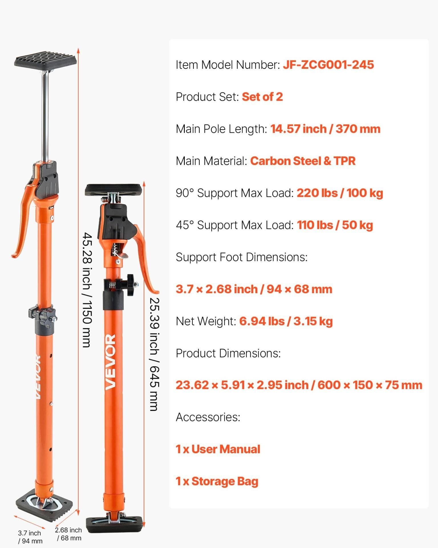 image-VEVOR Cabinet Jack Support Pole, 2-Pack, 25.4-45.3 Inch Steel Telescopic Quick Support Rod, Adjustable 3rd Hand System up to 220 lbs Capacity for Installing Cabinets, Lifting Drywall, Cargo Bars