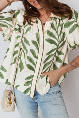 image-Green Leaf Print Short Balloon Sleeve Shirt