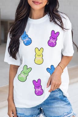image-White Sequin Bow Bunny Doll Patched Easter Graphic Tee