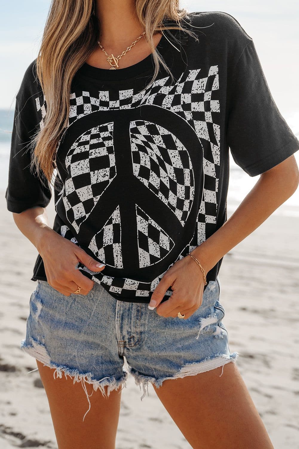 image-Black Checkerboard Peace Sign T-Shirt