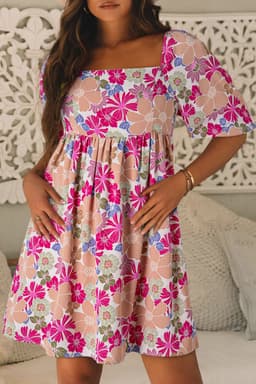 image-Pink Summer Floral Puff Sleeve Babydoll Dress