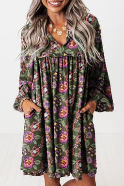 image-Green Floral Print Split Neck Bubble Sleeve Shift Mini Dress