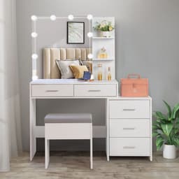image-FCH Particleboard Triamine Veneer 5 Pumps 2 Shelves Mirror Cabinet Three Dimming Light Bulb Dressing Table Set White