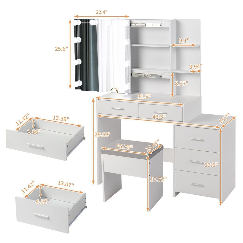image-FCH Particleboard Triamine Veneer 5 Pumps 2 Shelves Mirror Cabinet Three Dimming Light Bulb Dressing Table Set White