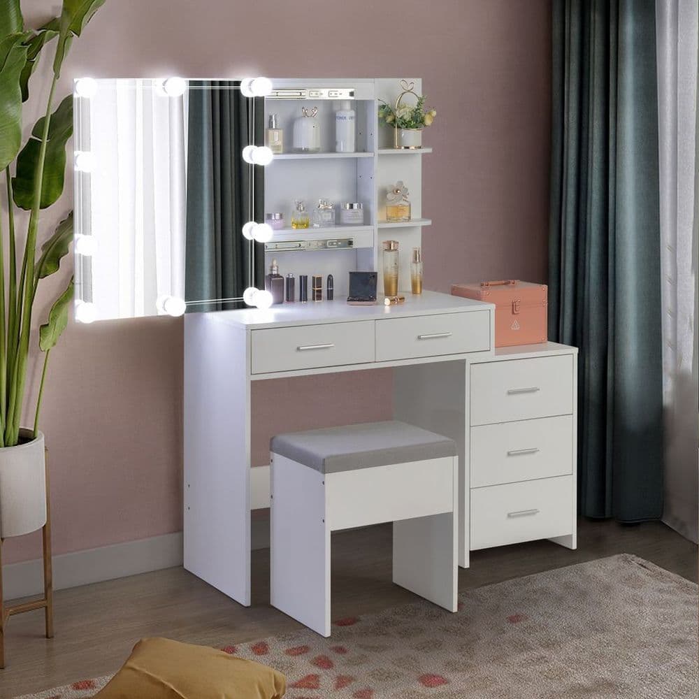 image-FCH Particleboard Triamine Veneer 5 Pumps 2 Shelves Mirror Cabinet Three Dimming Light Bulb Dressing Table Set White