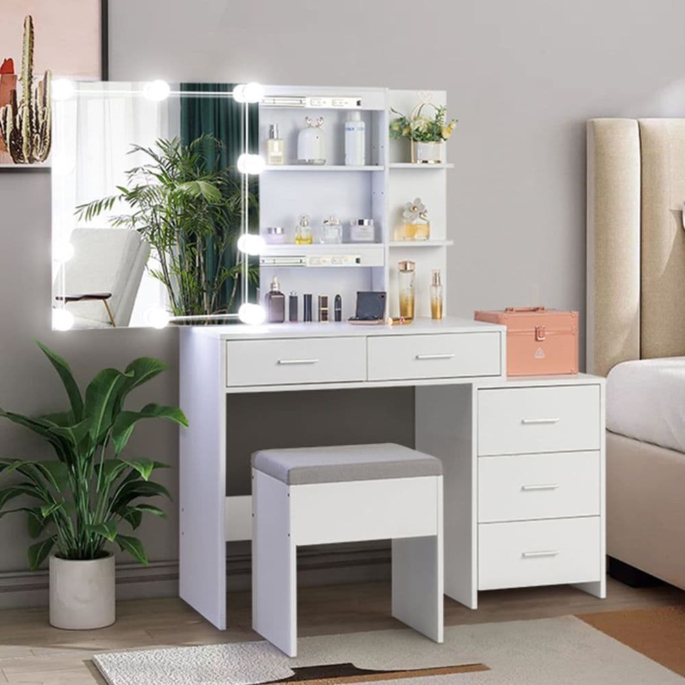 image-FCH Particleboard Triamine Veneer 5 Pumps 2 Shelves Mirror Cabinet Three Dimming Light Bulb Dressing Table Set White