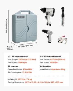 image-VEVOR 50 Pieces Pro Air Tool and Accessories Kit - 1/2" Air Impact Wrench, 3/8" Ratchet Wrench, 4500BPM Hammer, Blow Gun & Full Accessories for Auto Repairs, Home DIY Projects - with Storage Case