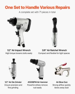 image-VEVOR 71 Pieces Pro Air Tool and Accessories Kit - 1/2" Air Impact Wrench, 3/8" Ratchet Wrench, 1/2" Die Grinder, 4500BPM Hammer, Blow Gun for Auto Repair, Home DIY Project - Storage Case Included