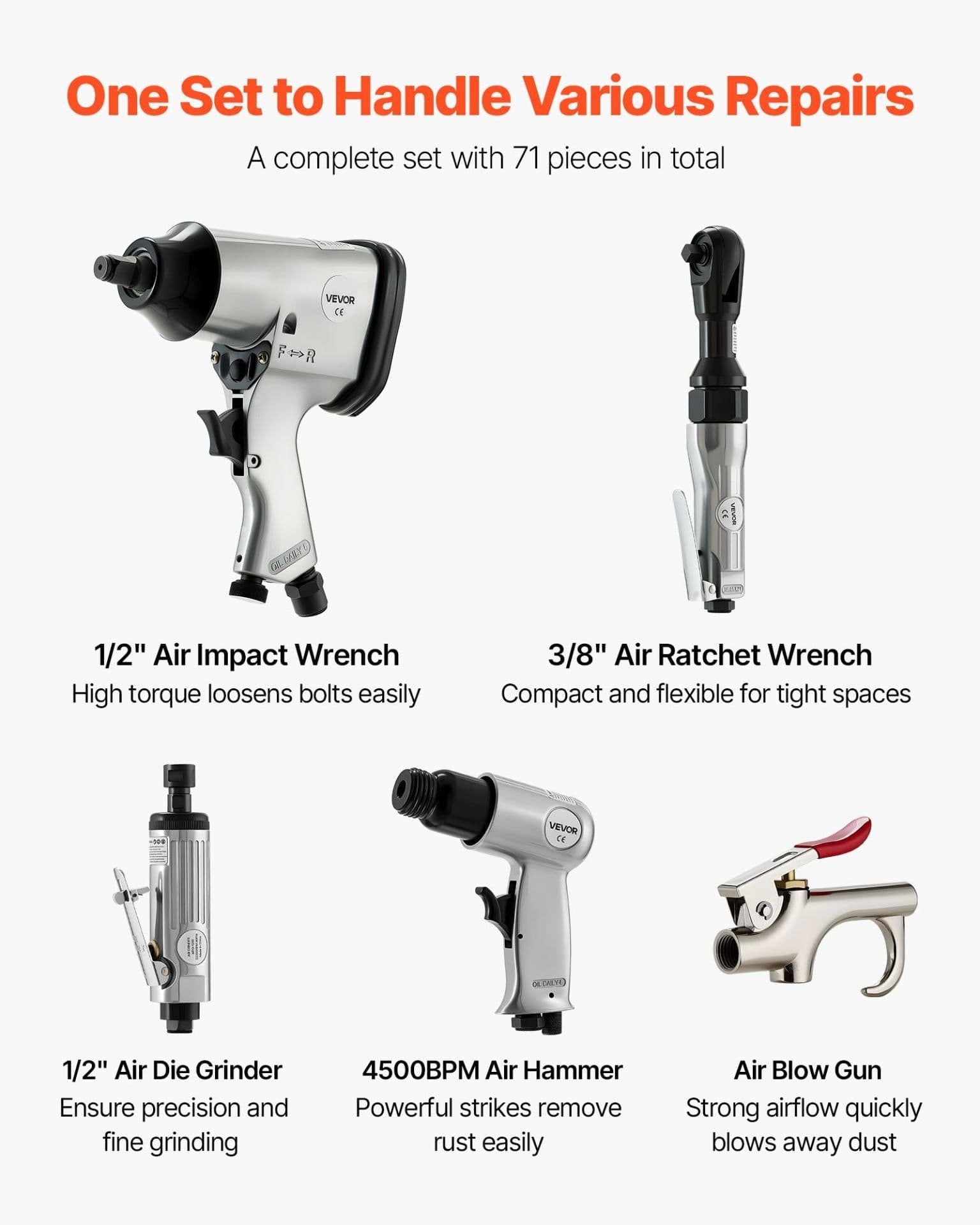 image-VEVOR 71 Pieces Pro Air Tool and Accessories Kit - 1/2" Air Impact Wrench, 3/8" Ratchet Wrench, 1/2" Die Grinder, 4500BPM Hammer, Blow Gun for Auto Repair, Home DIY Project - Storage Case Included