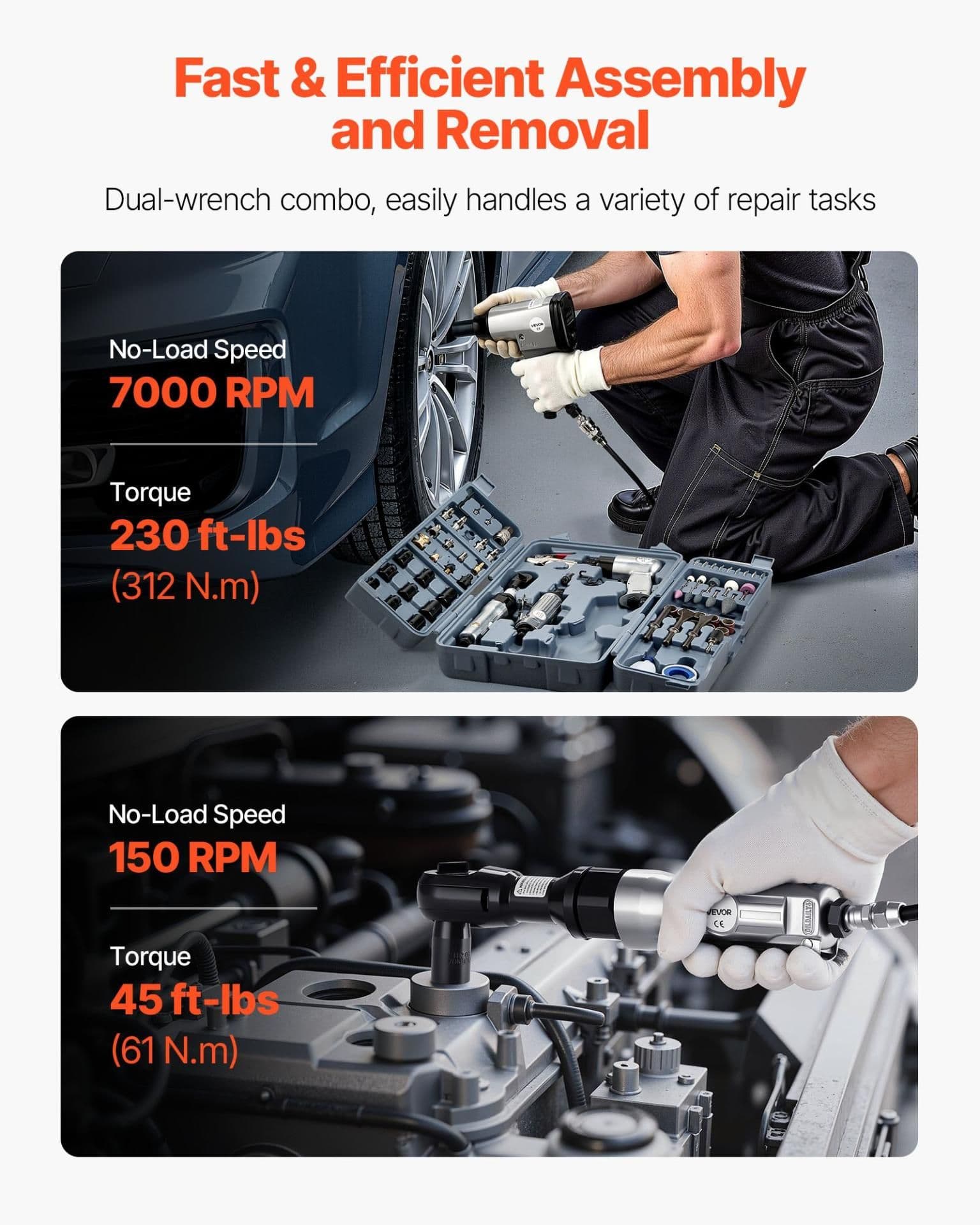 image-VEVOR 71 Pieces Pro Air Tool and Accessories Kit - 1/2" Air Impact Wrench, 3/8" Ratchet Wrench, 1/2" Die Grinder, 4500BPM Hammer, Blow Gun for Auto Repair, Home DIY Project - Storage Case Included