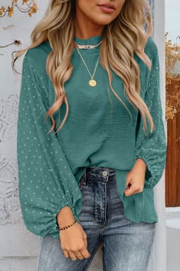 image-Gossamer Pink Swiss Dot Balloon Sleeve Blouse - Elegant & Romantic Design
