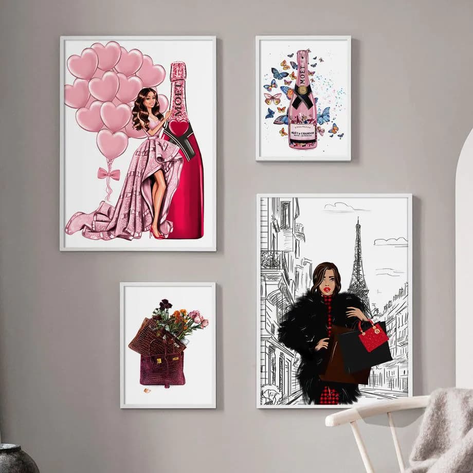 image-Fashion Bag Girl Balloon Champagne Wall Art Canvas Print