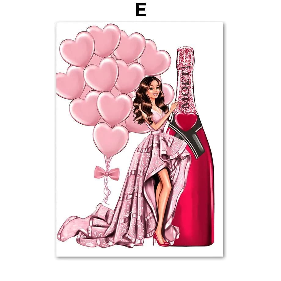 image-Fashion Bag Girl Balloon Champagne Wall Art Canvas Print