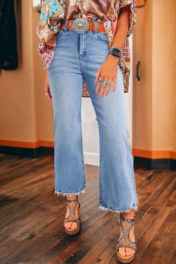 image-Beau Blue High Waist Flared Jeans - Raw Hem, Mineral Wash, 60" Modern