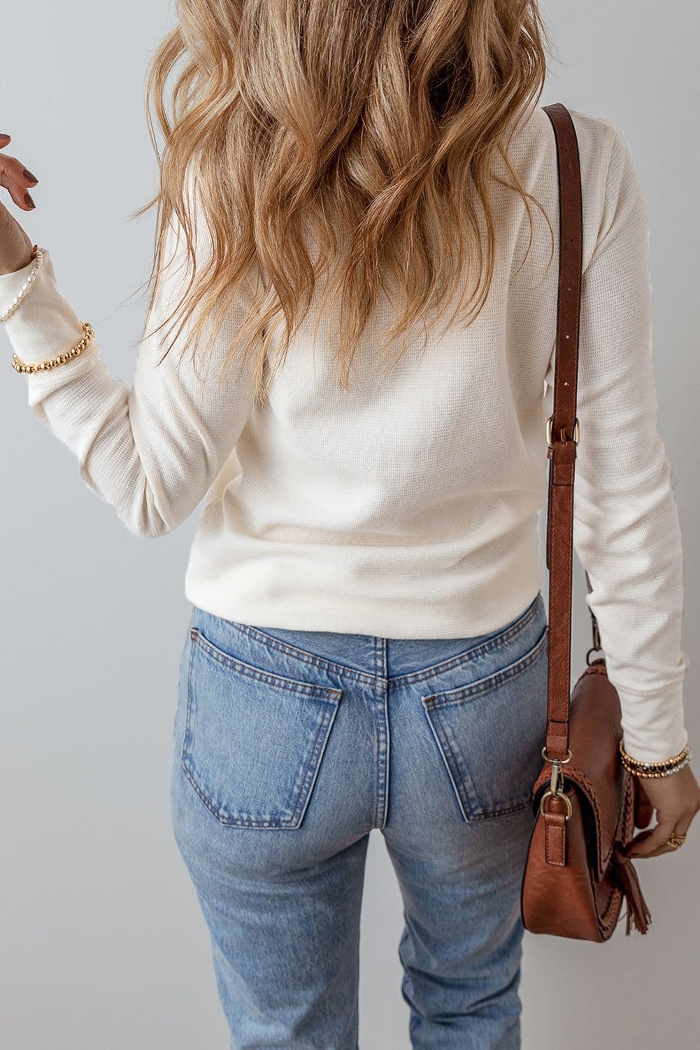 image-White Waffle Half Button Long Sleeve Top (65 characters)