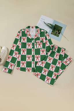 image-Green Holly Jolly Checkered Pattern 2pcs Long Pajama Set