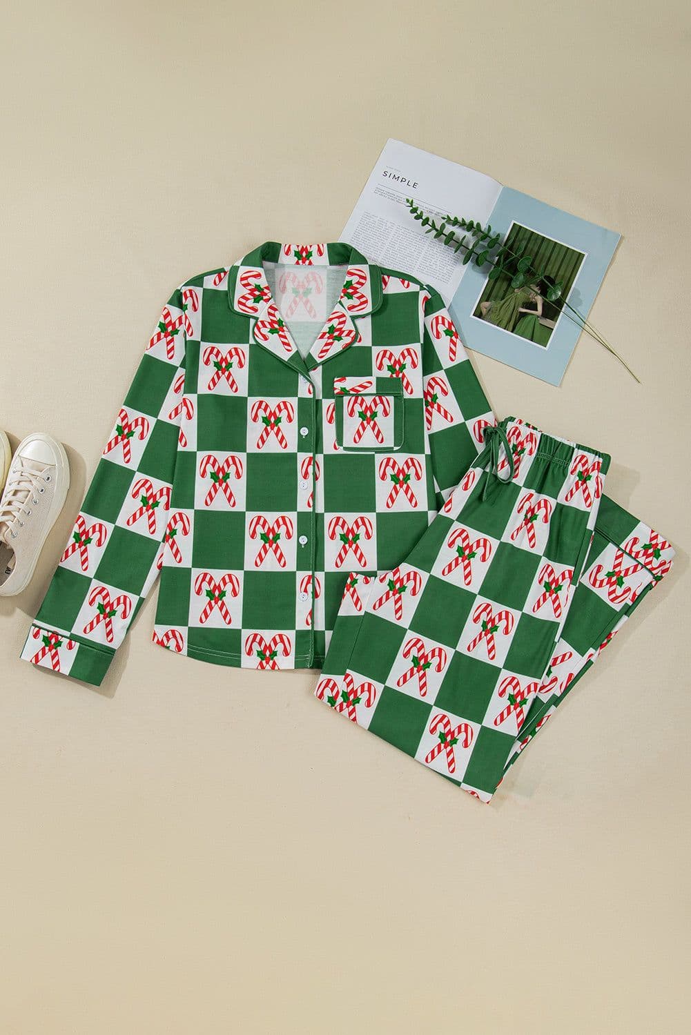 image-Green Holly Jolly Checkered Pattern 2pcs Long Pajama Set